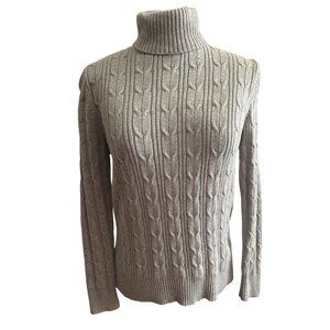 St. Johns Bay Cable Knit Turtleneck Sweater M Gray Cotton/Nylon Womens Pullover